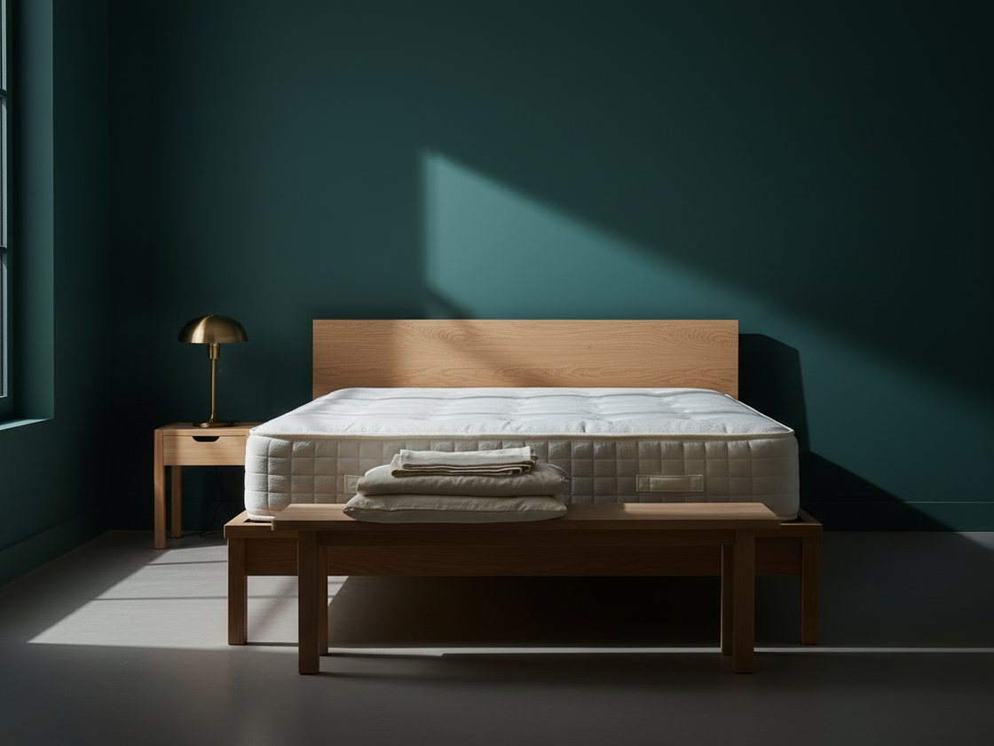 Materasso sfoderato su struttura letto in legno chiaro