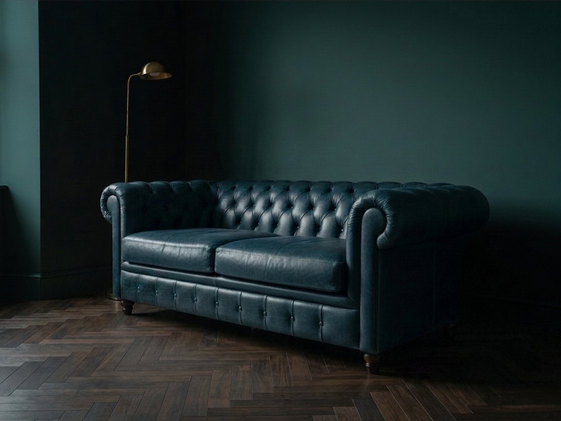 Divano chesterfield in pelle blu profondo con luce radente sul capitonné
