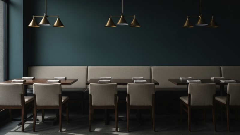 Sala di un ristorante con panca imbottita e tavoli apparecchiati